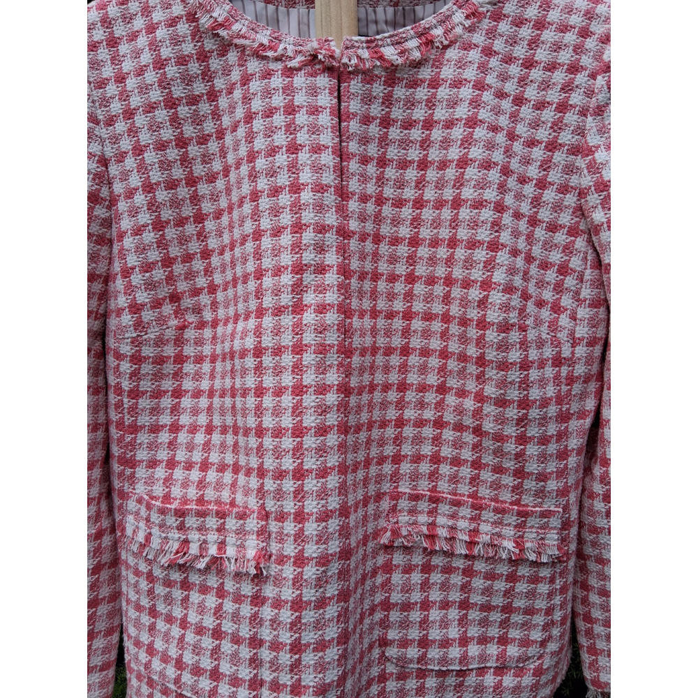 💐EUC TALBOTS Blazer Jacket Pink White Checkered Tweed Fringe Sz. 12 - Picture 2 of 14
